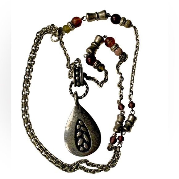 Amber Green Semi Precious Beaded Silver Plated Pendant Necklace Woman’s Jewelry - Picture 1 of 8